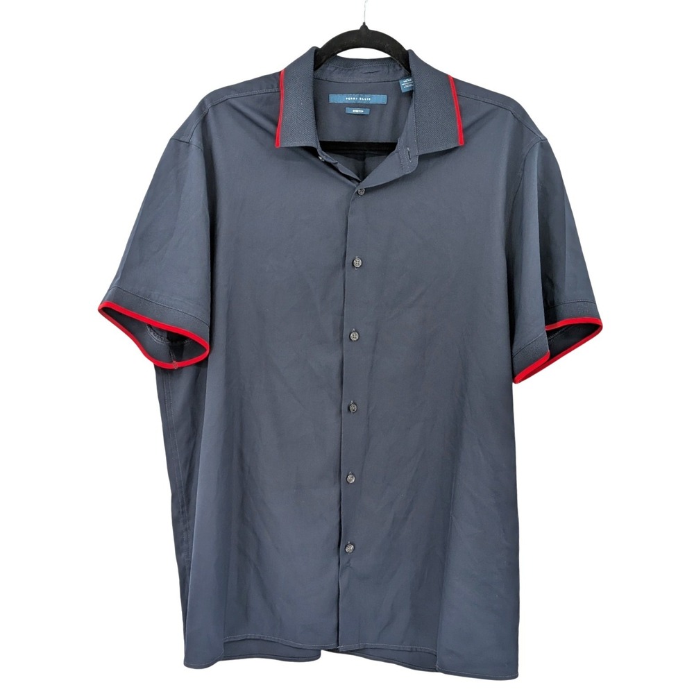 Perry Ellis Button Up Shirt Short Sleeve Stretch Navy Red Trim XL Retro Dad